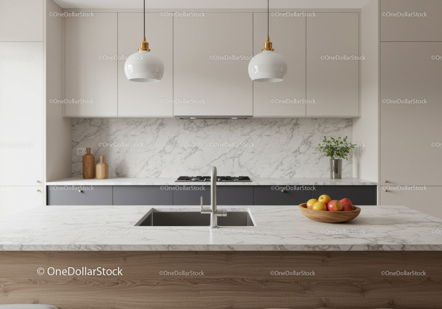 Contemporary Kitchen with Marble Backsplash and Gray Cabinets