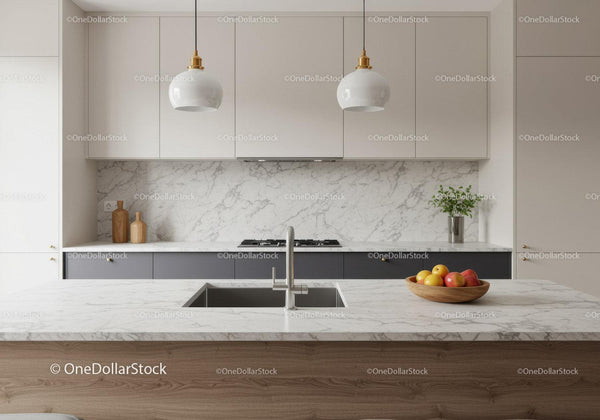 Contemporary Kitchen with Marble Backsplash and Gray Cabinets