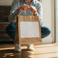 Person Holding Brown Paper Bag with Blank Label Indoors