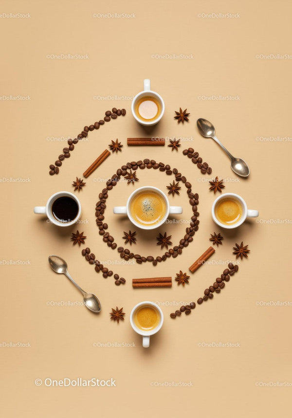 Assorted coffee cups with spices and beans arrangement