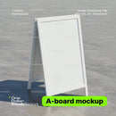 editable PSD mockup for A-board sign standing on smooth concrete