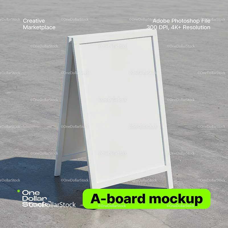 editable PSD mockup for A-board sign standing on smooth concrete