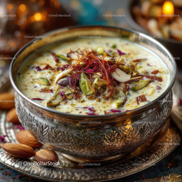 Creamy Saffron Milk with Pistachios and Rose Petals in Silver Bowl