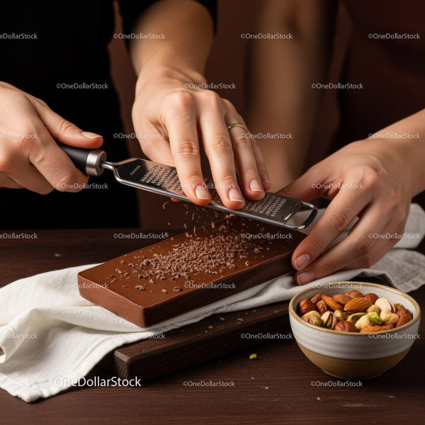 Hand Grating Chocolate on a Dark Chocolate Bar with Nuts and Caramel