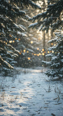 Snowy pine forest path with glowing winter lights
