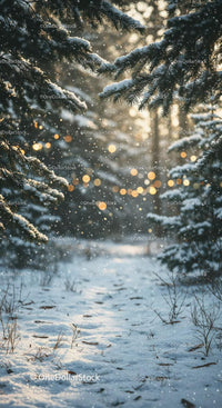 Snowy pine forest path with glowing winter lights