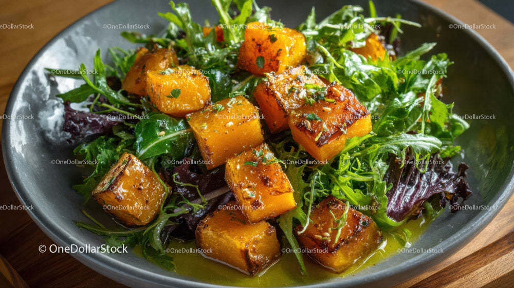 Roasted Butternut Squash and Mixed Greens Salad in Rustic Bowl