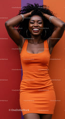 Vibrant Smiling Woman in Orange Dress Against Colorful Background
