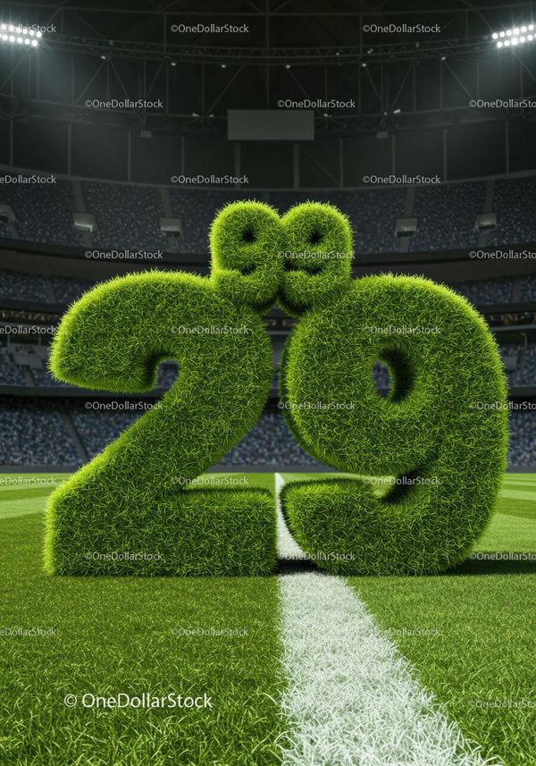 Grass-covered 29th anniversary numbers on soccer field
