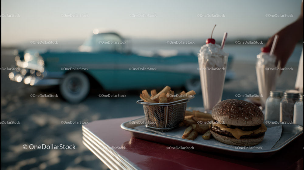 Beachside Outdoor Dining with Classic Car, Cheeseburger, and Milkshake
