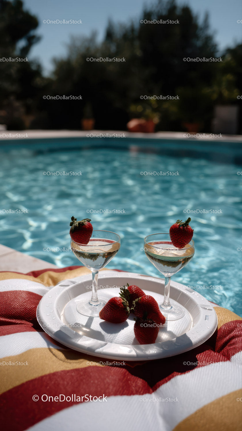 Summer Poolside Scene with Strawberries and Refreshing Drinks