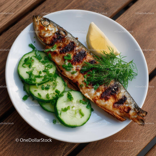 Grilled Fish with Cucumber Slices and Lemon on White Plate