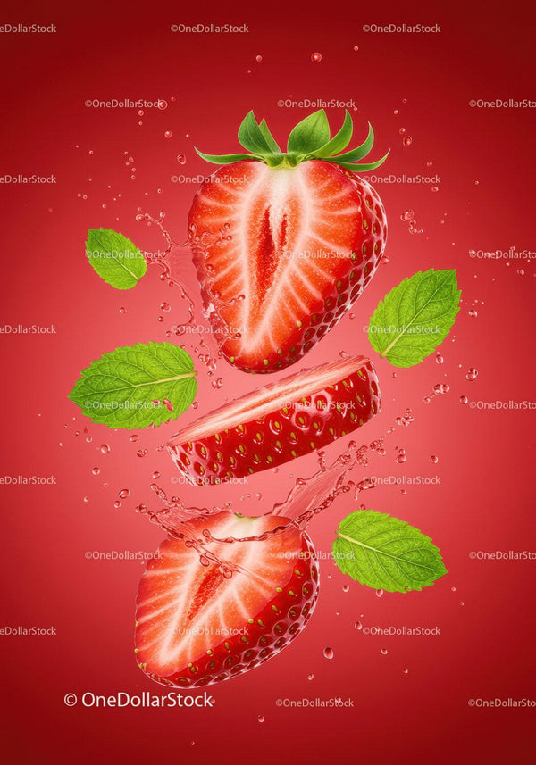 Fresh sliced strawberries with mint leaves splashing water