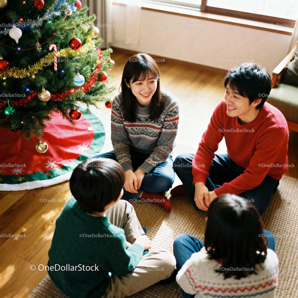 Happy Family Sitting by Christmas Tree Celebrating Together