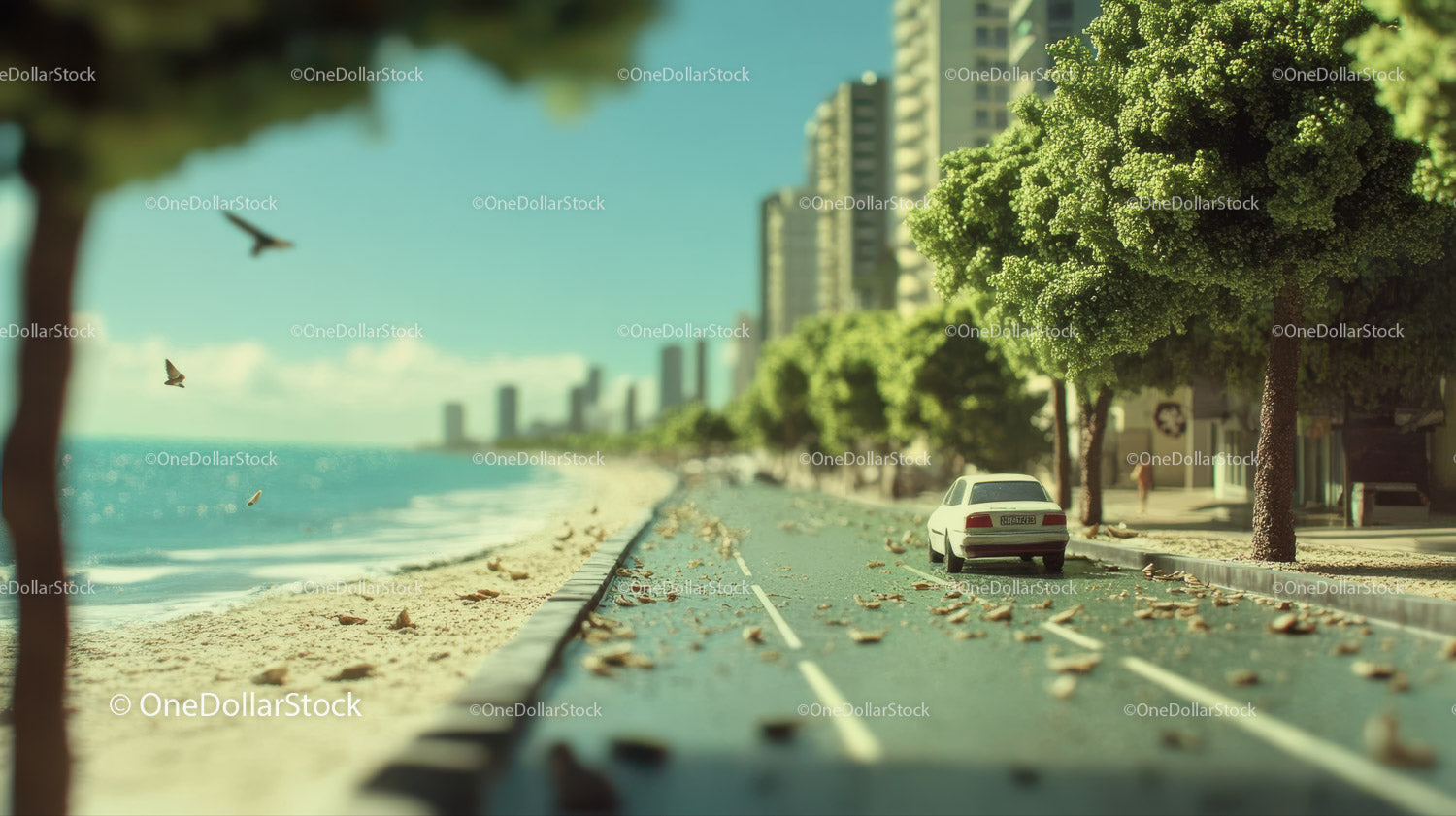 Coastal Street with Beach and Urban Skyline in Bright Day