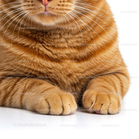 Close up of ginger cat paws and whiskers on white surface