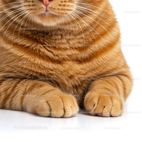 Close up of ginger cat paws and whiskers on white surface