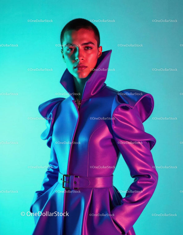 Vibrant Neon Fashion Photo of Woman with Trendy Coat and Bold Makeup