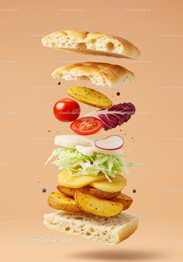 Fresh vegetarian sandwich ingredients floating on beige background