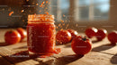 Fresh Tomato Jam in Glass Jar with Ripe Tomatoes on Wooden Table