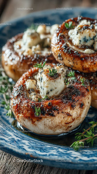 Grilled Mushroom with Blue Cheese Filling and Herb Garnish