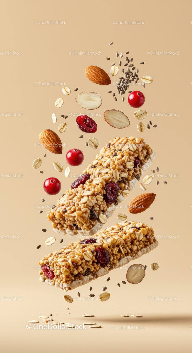 Batony Granola z orzechami i jagodami unoszące się na beżowym tle