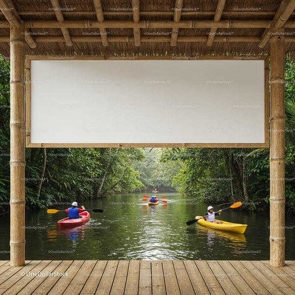 Kayakers paddling through lush tropical river landscape JPG Mockup Image