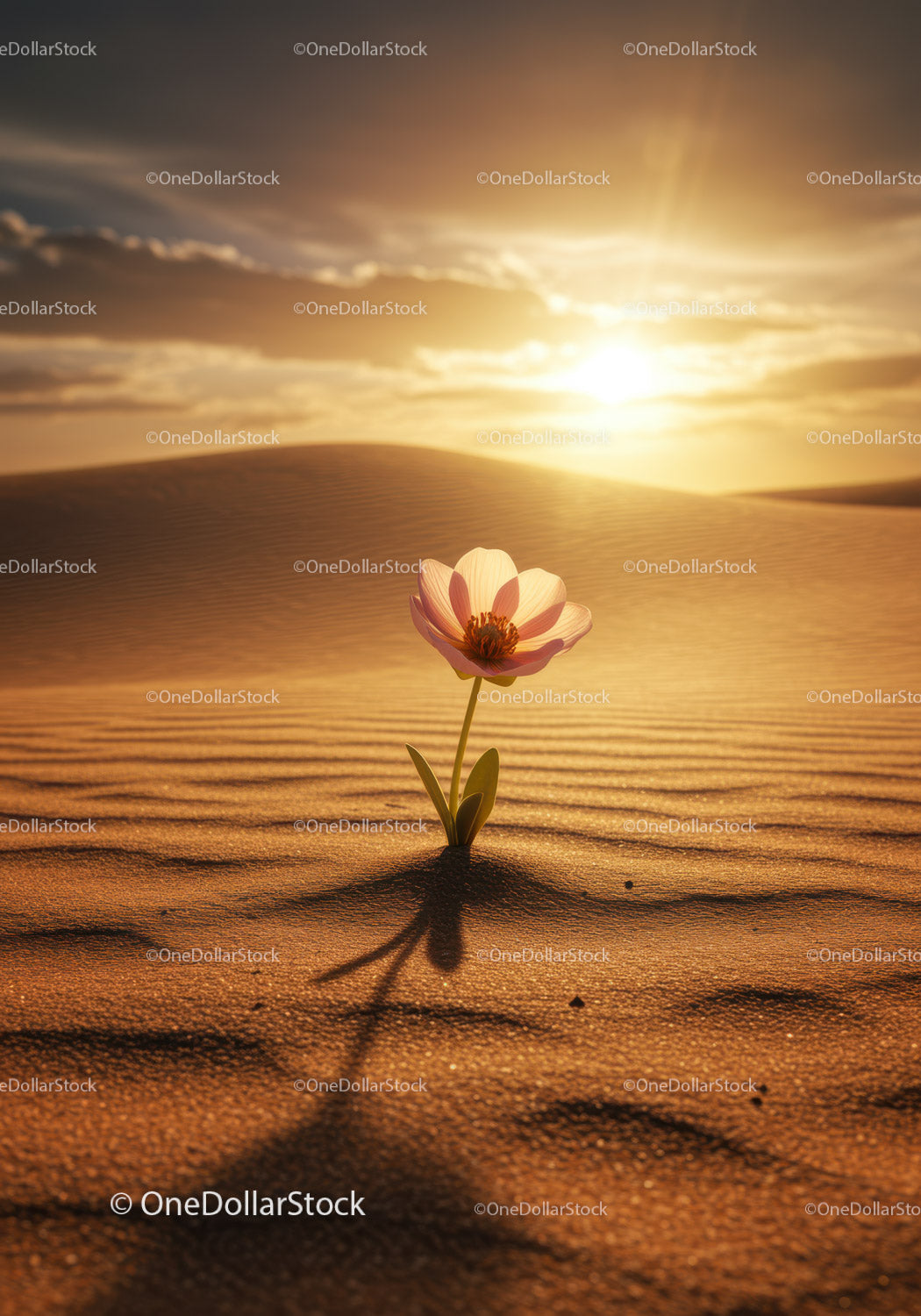 Delicate Flower Blooming Alone in Desert Sunset