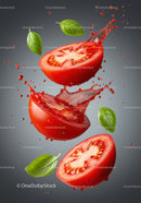 Fresh sliced tomato with basil leaves and splash