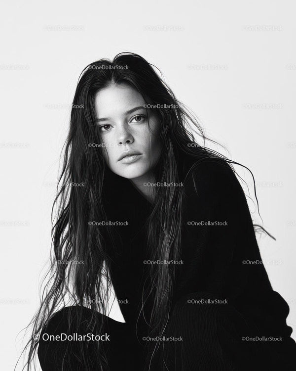 Black and White Portrait of a Young Woman with Long Wet Hair