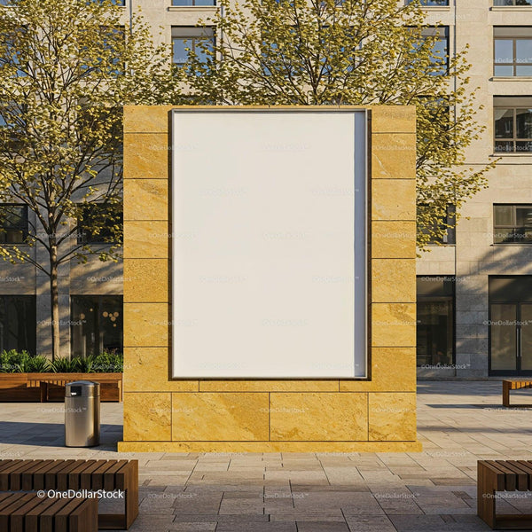 Empty urban billboard framed by stone wall in plaza JPG Mockup Image