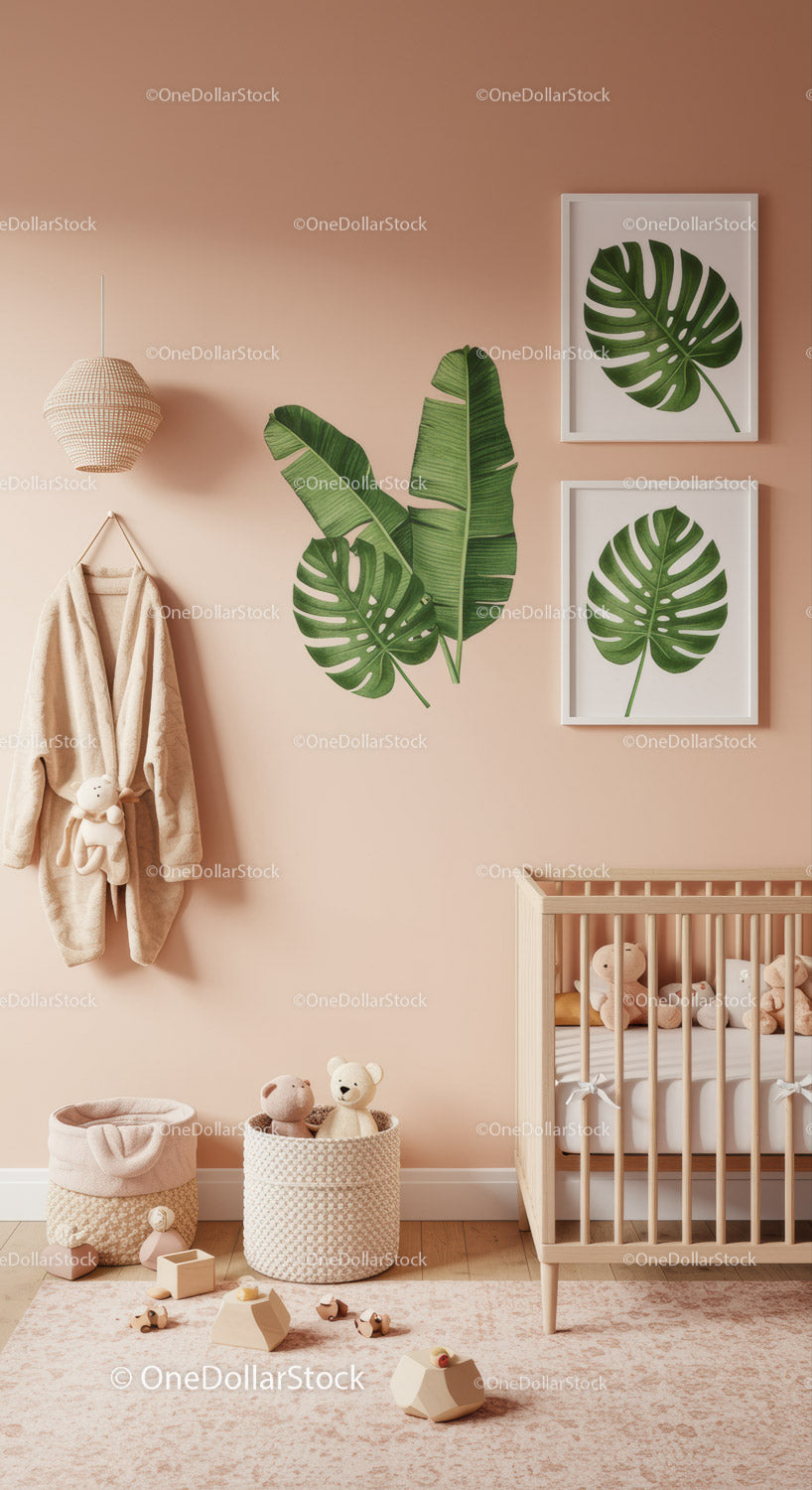 Modern Baby Nursery with Monstera Wall Art and Cozy Decor