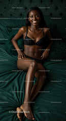 Smiling woman relaxing in black lingerie on bed