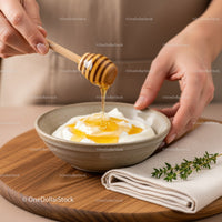 Honey Dripping Over Yogurt in a Ceramic Bowl for Breakfast or Snack