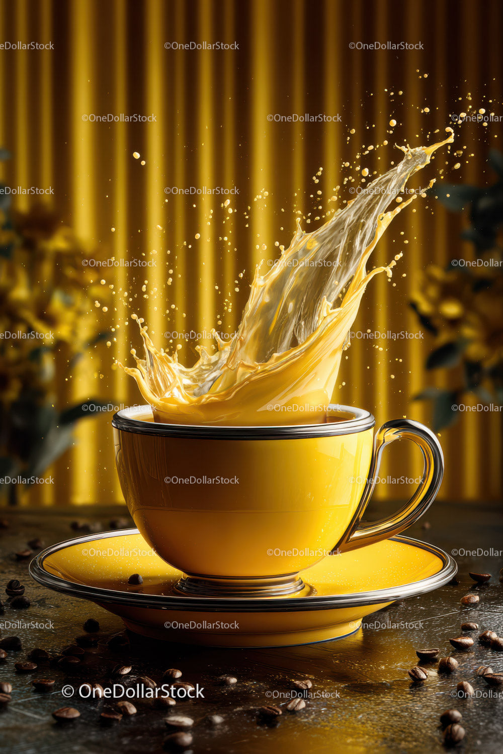 Yellow Coffee Cup with Splashing Coffee and Coffee Beans