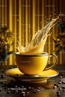 Yellow Coffee Cup with Splashing Coffee and Coffee Beans