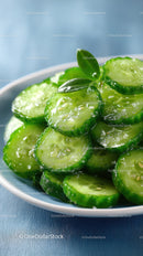 Fresh Cucumber Slices on a White Bowl with Leaf Garnish
