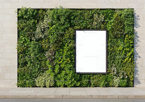 Lush green vertical garden with blank white frame outdoors JPG Mockup Image