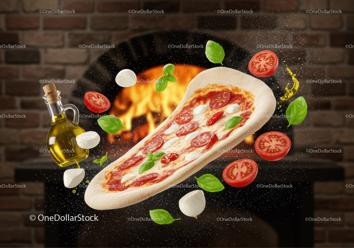 Fresh Margherita Pizza Ingredients Flying Near Oven