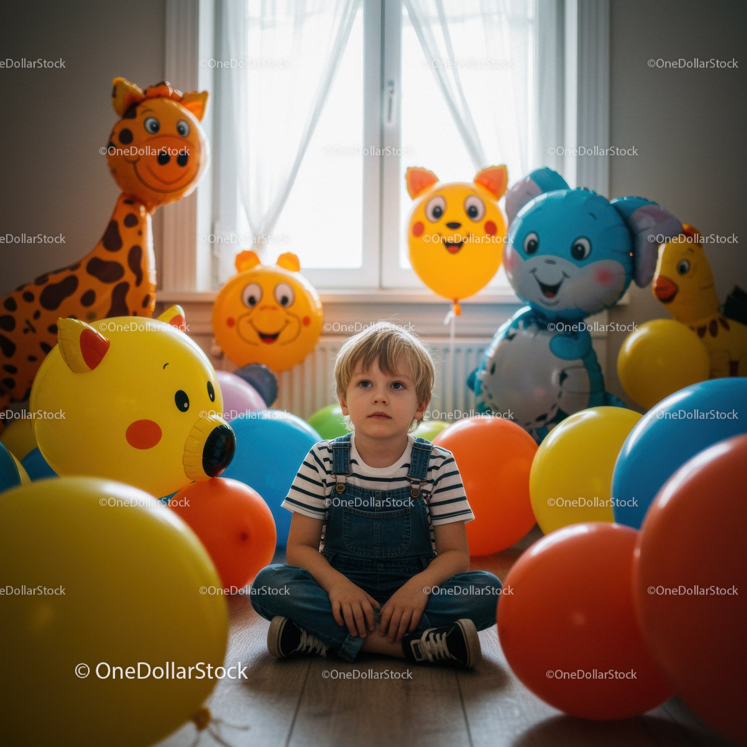 Zamyślone dziecko otoczone kolorowymi balonami w kształcie zwierząt