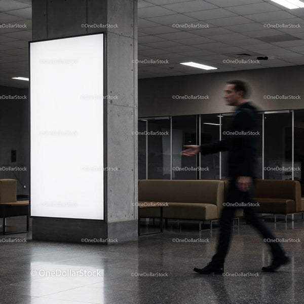 Blurred man walking past blank illuminated billboard indoors JPG Mockup Image