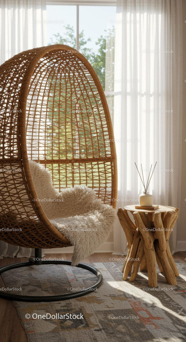 Cozy wicker hanging chair with plush throw in sunlit room