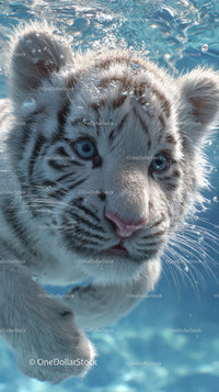 White Tiger Cub Playing Underwater in Water Splash