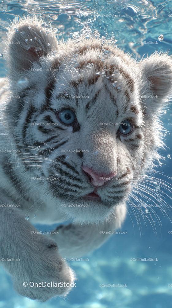 White Tiger Cub Playing Underwater in Water Splash