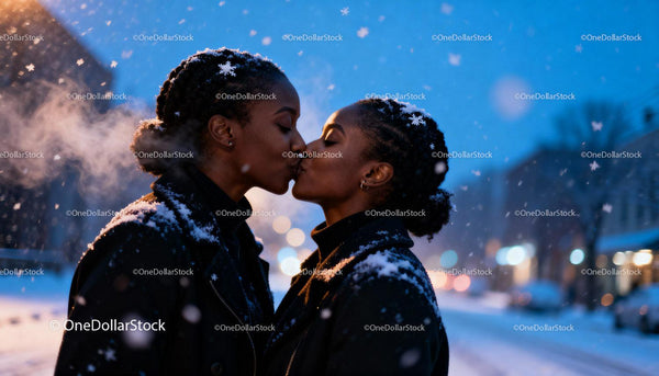 Winter Kiss Between Two Women in Snowy Evening