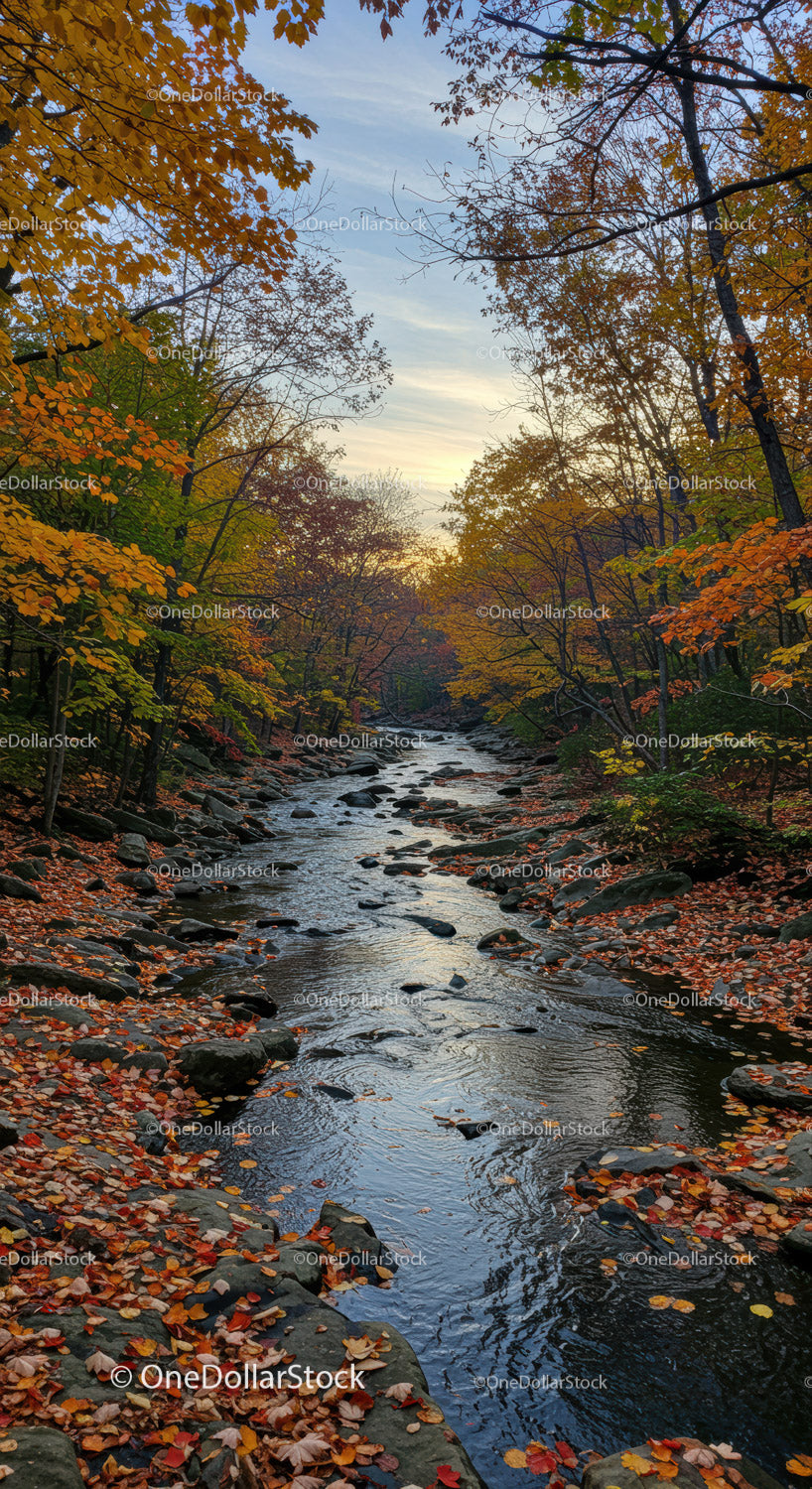 Tranquil autumn creek surrounded by colorful foliage