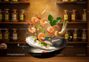 Fresh Shrimp and Aromatic Herbs Flying Over Wok