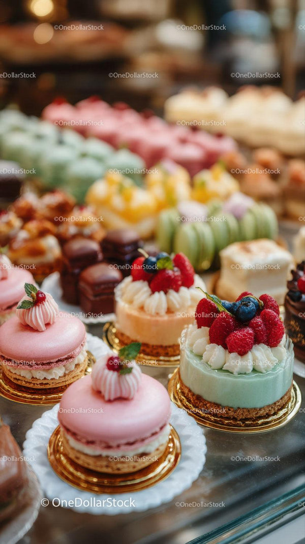 Colorful Assorted Petit Fours and Mini Cakes Display in Bakery