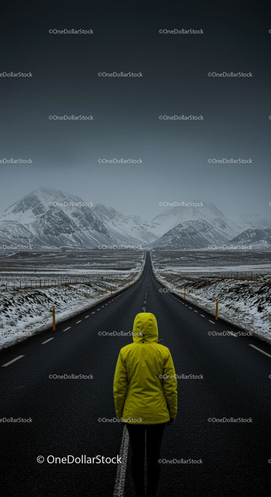 Lonely Traveler in Yellow Jacket on Snow-Covered Road