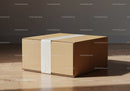 Minimalist brown cardboard parcel with white tape
